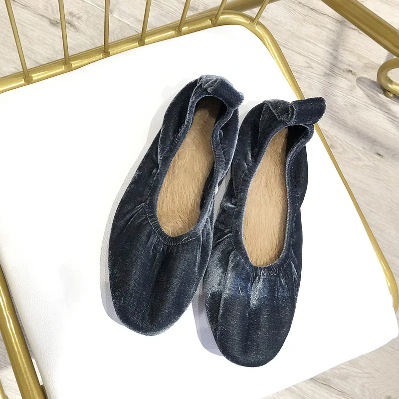 Flat Shoe Female Autumn And Winter New Style Add Cashmere Rabbit Fur Soft Skin Grandma Shoes Simple And Comfortable Single Shoes