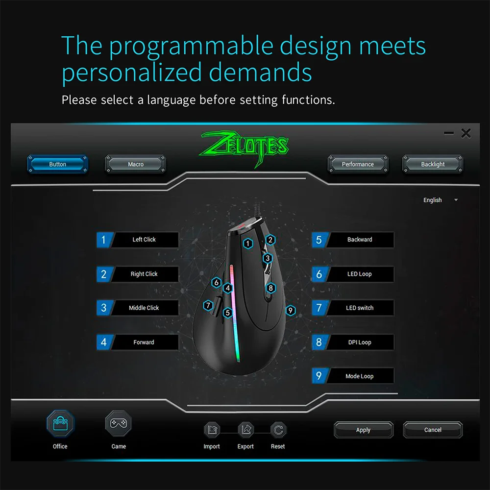 ZELOTES T-50 Mouse Wired Vertical Mouse USB 9  Buttons Ergonomic 12800DPI Adjust Optical RGB Gaming Mouse for PC Laptop Computer