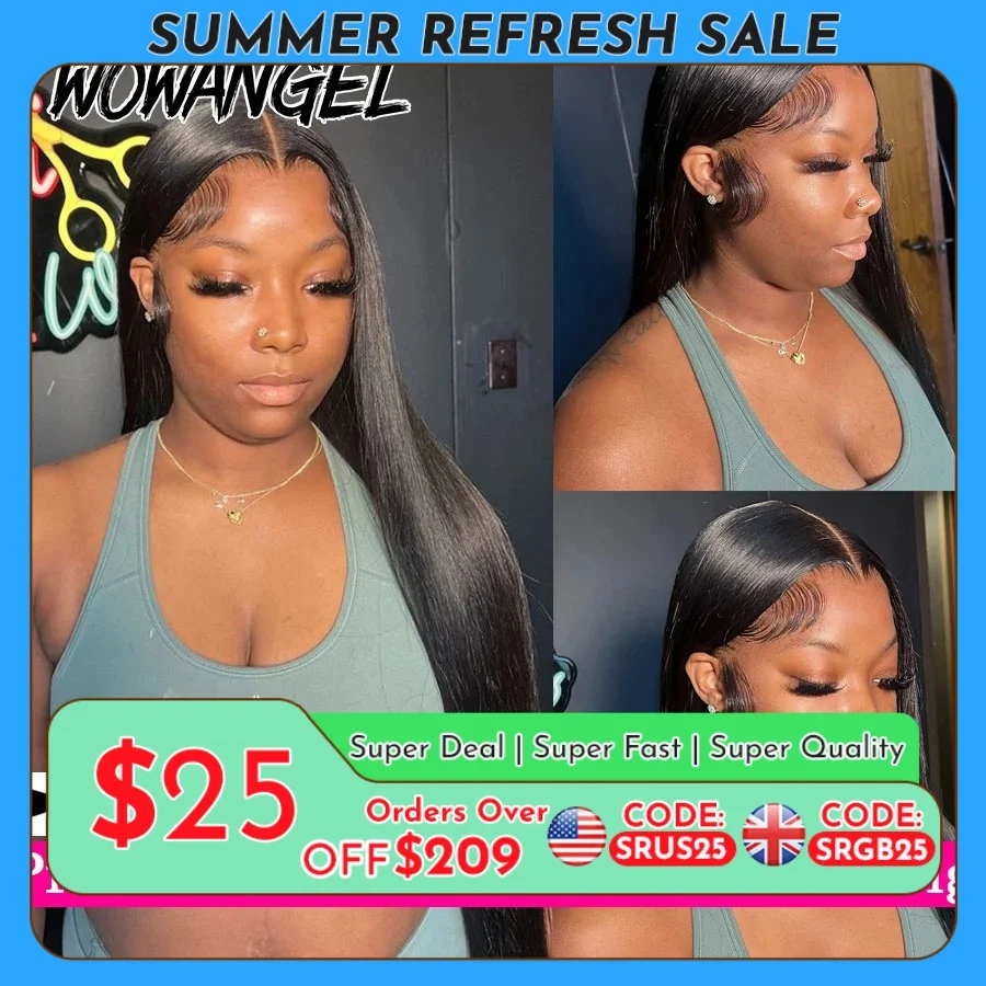 WowAngel 250% Pre Bleached 13x6 HD Lace Front Wigs 34in Glueless Straight Human Hair Wigs Pre Plucked Brazilian Hair For Women