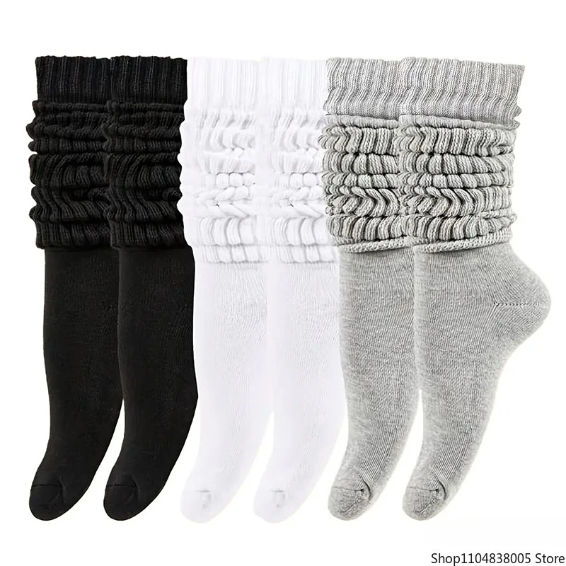 

3 Pairs Women's Mid-Length Pile up Socks White Solid Color Basic Fashionable Trendy Versatile Comfortable Breathable Socks