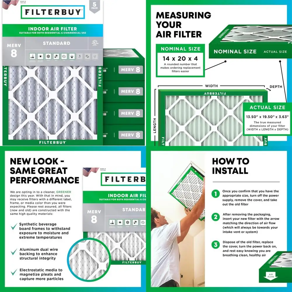 

MERV 8 14x20x4 Pleated Air Filters - 5-Pack Replacement for HVAC AC Furnace Dust Defense