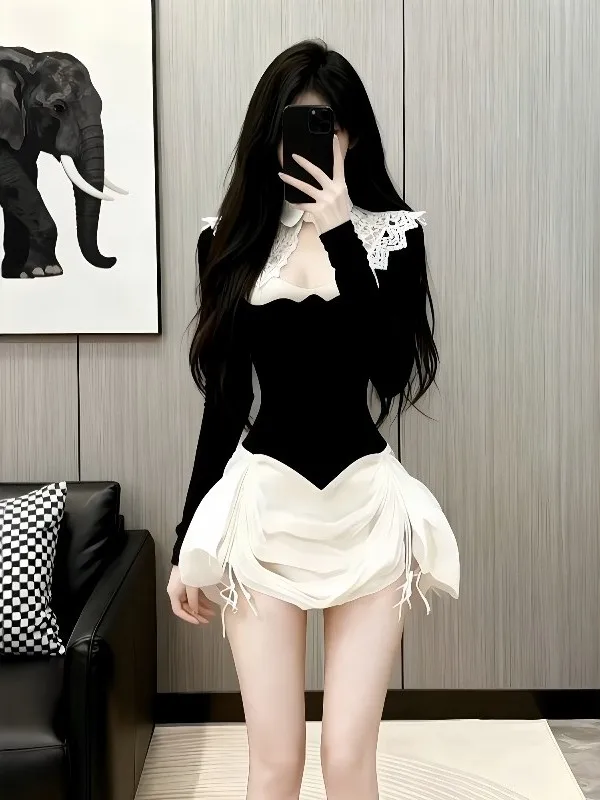 

French Sle Color Blo Design Long Sve Lace Puffy Skirt Dr Women's Spring Season Waist Cinched Beautiful Gown