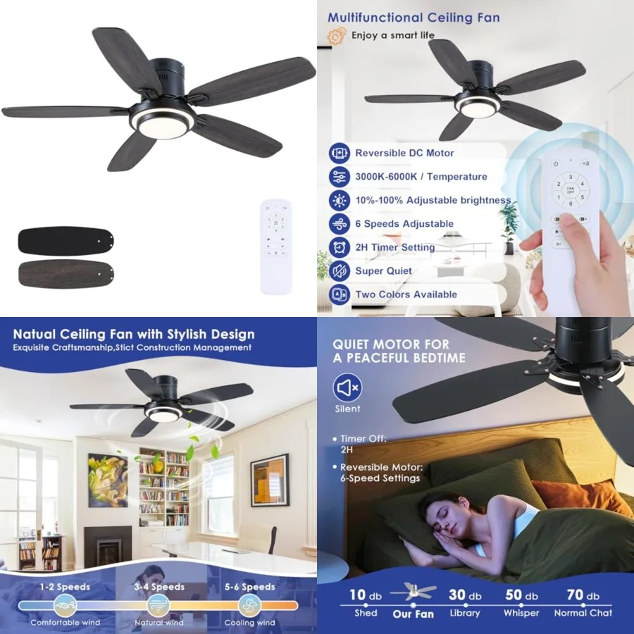 Black Ceiling Fans with Lights and Remote, Modern Flush Mount Low Profile Ceiling Fan, 3CCT, Dimmable, Quiet DC Reversible Moto