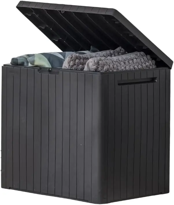 Keter City Caja de almacenamiento exterior de resina de 30 galones y mesa auxiliar para muebles de patio para accesorios de piscina y jardín, gris oscuro