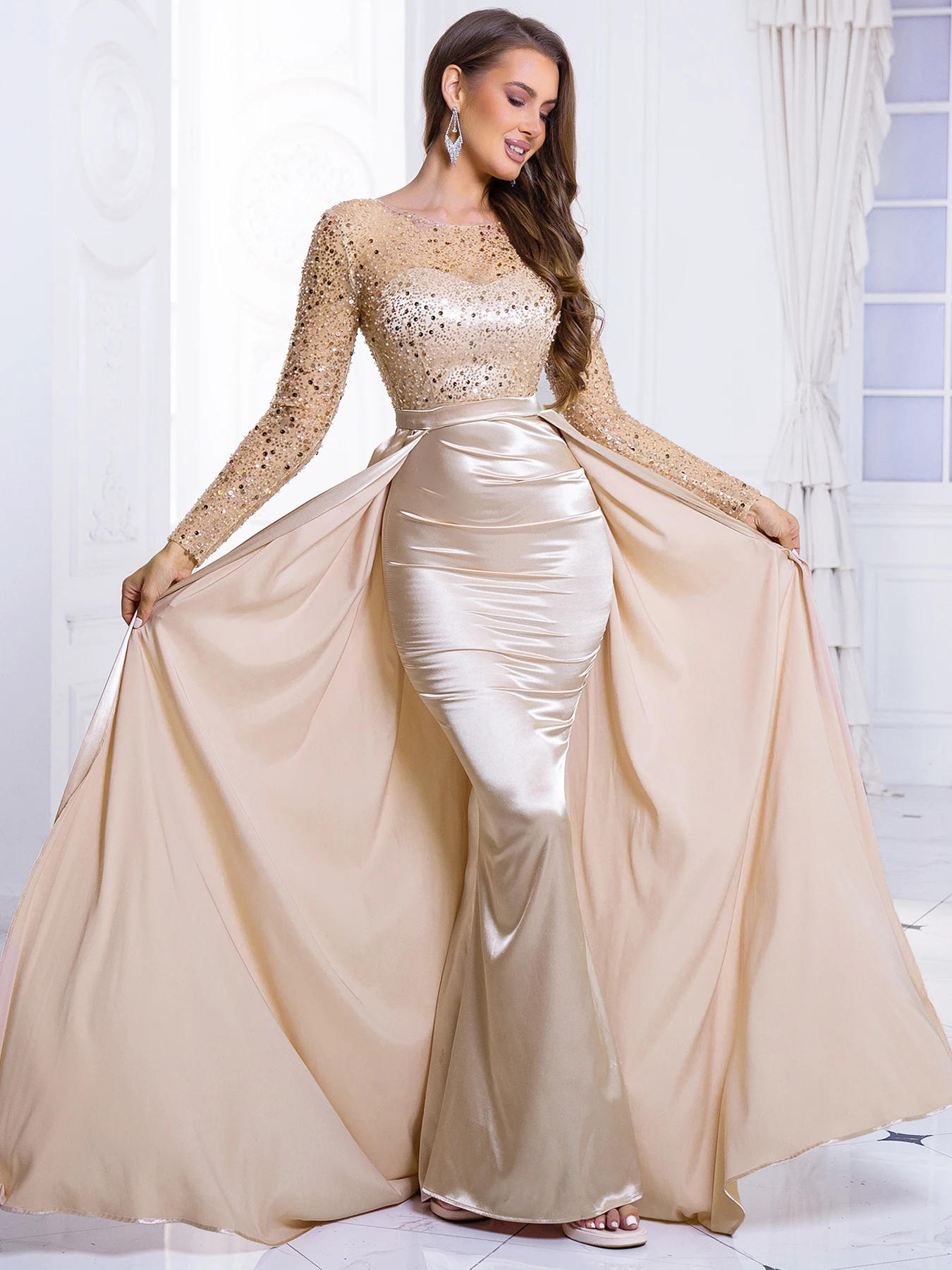 Long Sleeve Sequin Floor Length Party Dress Padded O Neck Long Evening Night Gown with Detachable Satin Skirt Green Gold