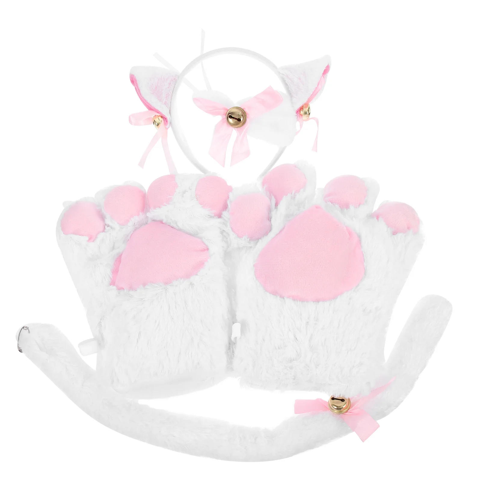 1Set Cat Paw Gloves Set Cute Kitten Costume Accessories for Halloween Party Includes Headband Bow Tie Gloves Tail Comfortable
