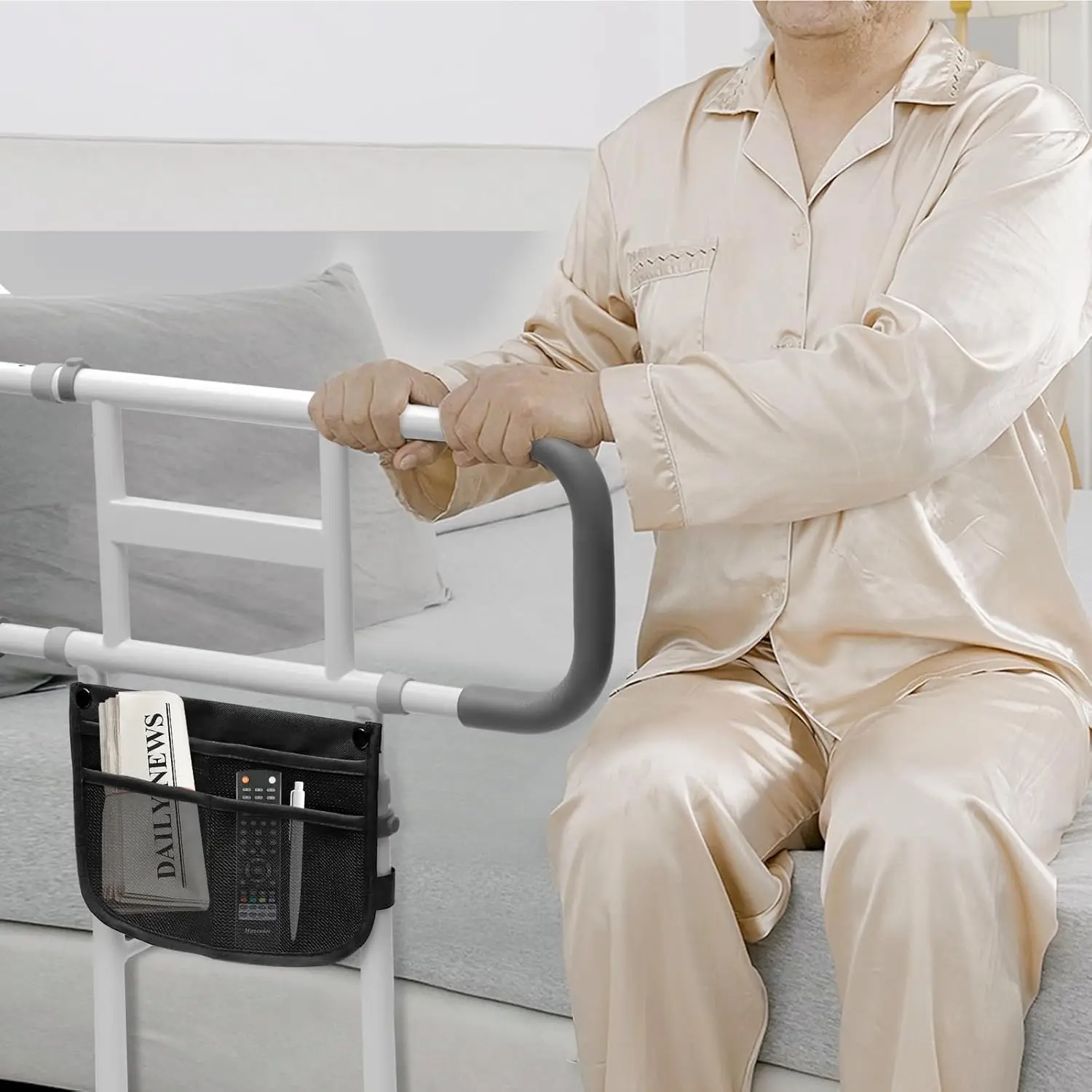 Adjustable Bed Rails for Seniors with Storage Pouch, Safety Handle and Support Legs, Fits Any Bed