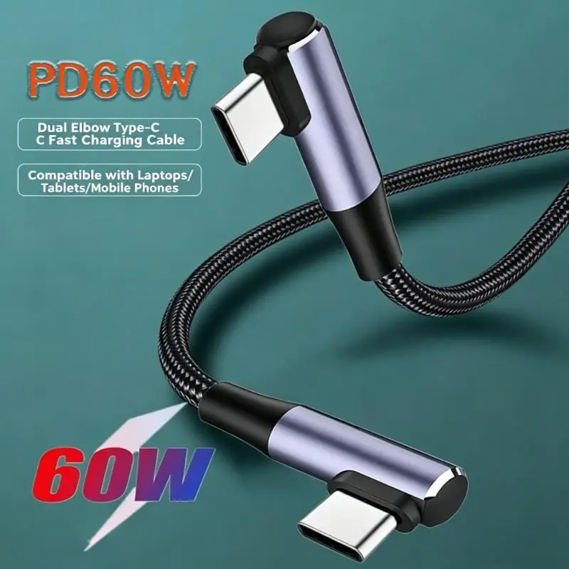 652F Ergonomic 90 Degree Angled Braided Type C Cable Supports 60W Power Delivery