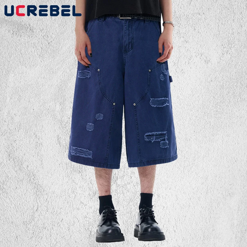 

Ripped Short Jeans Mens Washed Summer Retro High Street Baggy Straight Wide Leg Denim Capri Pants Man