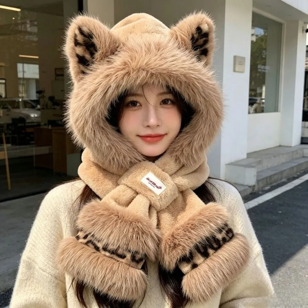 Stylish Leopard Hat Scarf Set Polyester Lining Fox Ear Hat Set Hooded Neck Warmer For Women