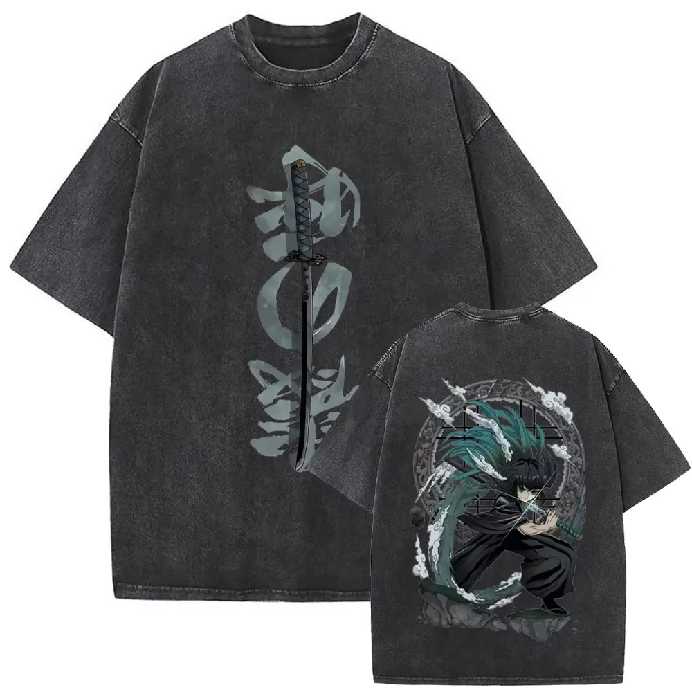 

Washed Vintage Anime Demon Slayer Tokitou Muichirou Double Sided Print T-shirt Men Women High Quality Cotton Oversized T Shirts