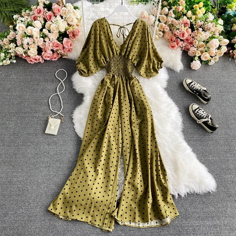 Autumn Sexy Polka Dot Romper Women Elegant V-Neck Puff Short Sleeve High Waist Jumpsuit Female Loose Wide Leg Playsuits Fashion
