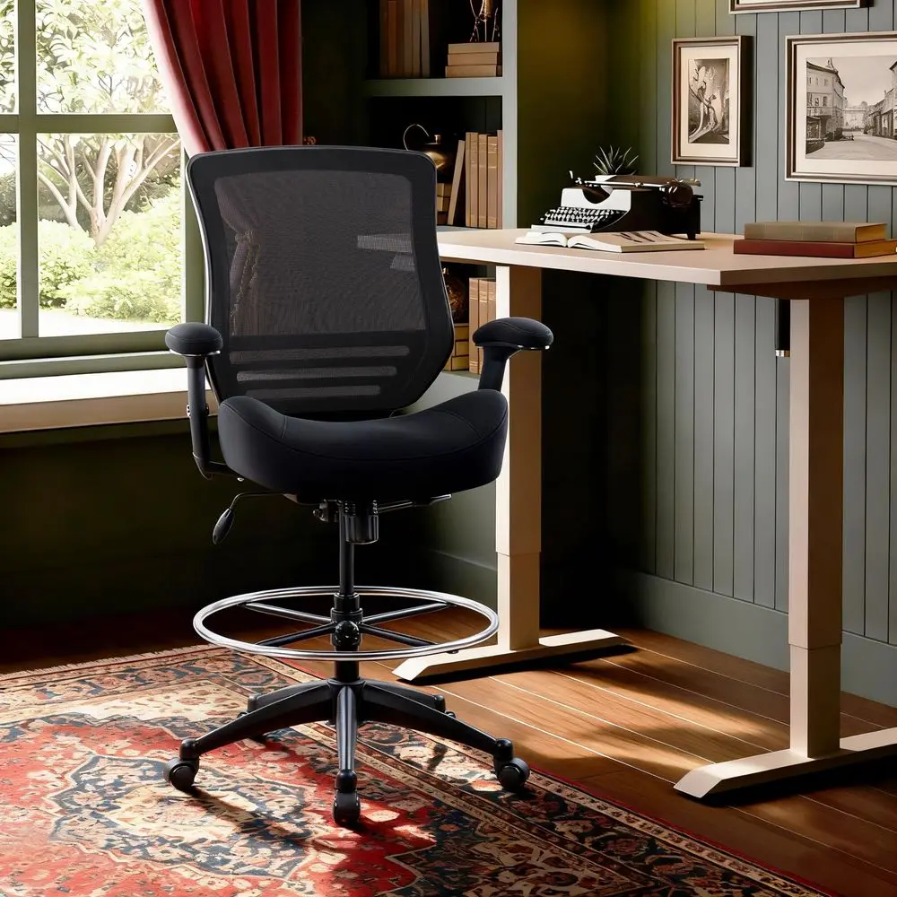 

400lbs Mid Back Mesh Ergonomic Drafting Chair for Standing Desk Office Wide Chair Builtin Lumbar Support Big Adjustable Foot Ri