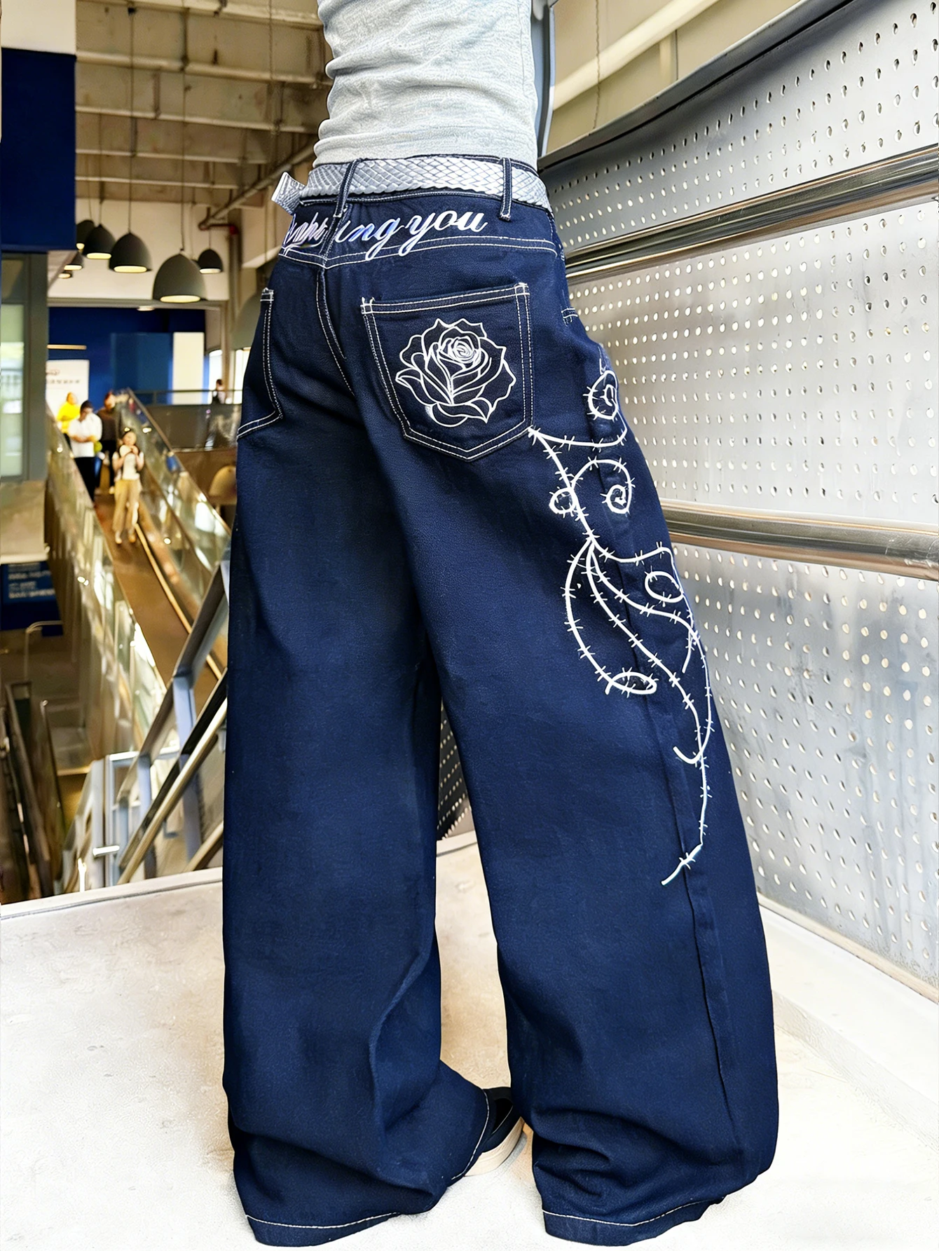 Women Plus Size Spring Autumn Mid Waist Wide Leg Y2KVintage Jeans Rose Thorn Embroidery Contrast Stitch Stiff Denim Street Pants