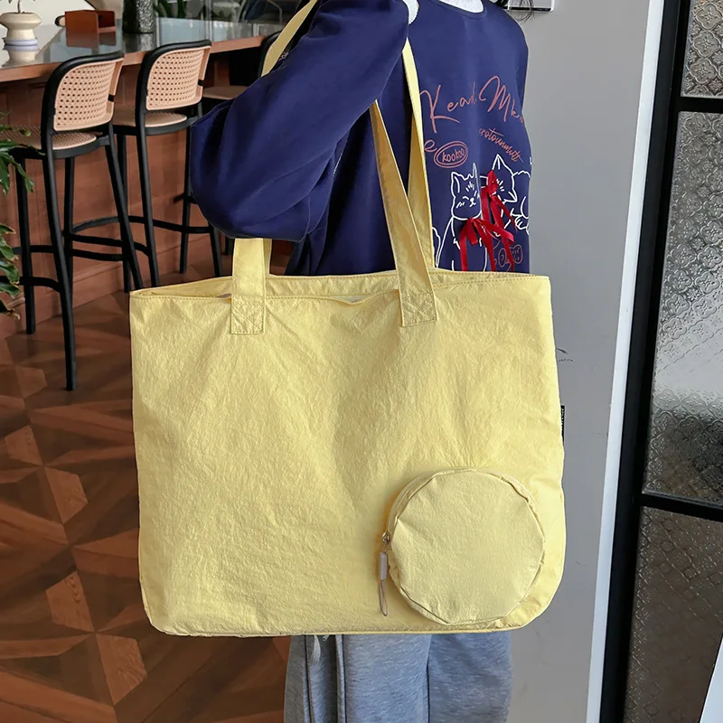 Custom Logo Foldable Nylon Tote Bag Large Capacity Waterproof Shoulder Shopping Bag with Mini Round Pouch Bag Daily Travel
