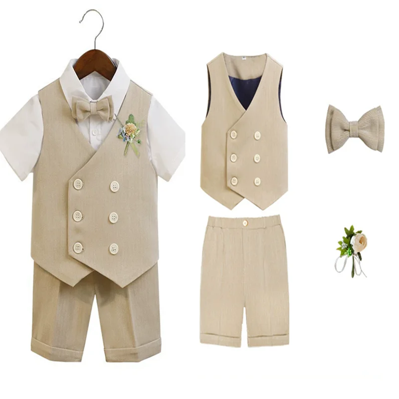 Summer Boys Khaki Vest Pants Bowtie Bouquet 4Pieces Wedding Birthday Outfit Suit School Kids Piano Host Performance Costume