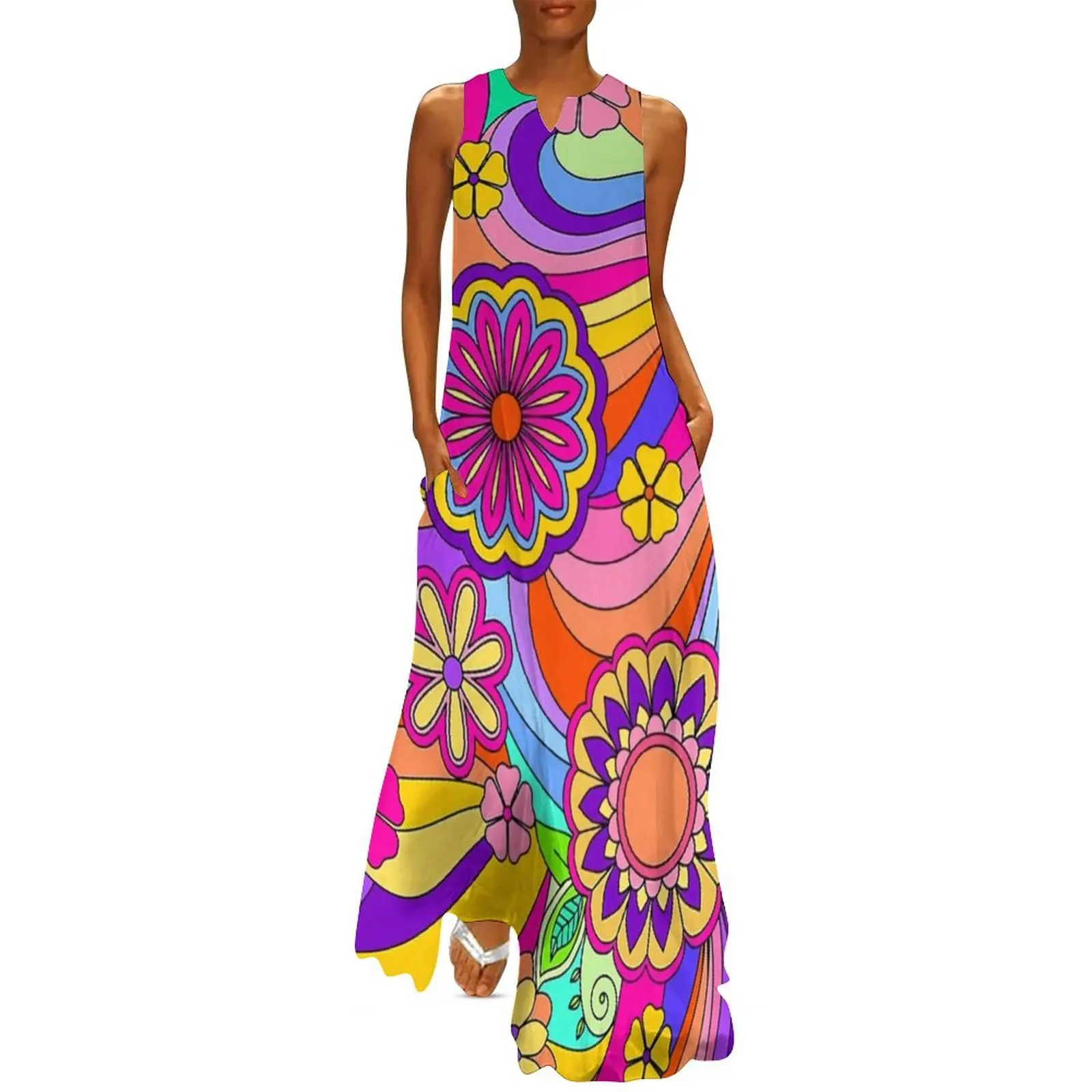 Flower Power Inspired Dress Groovy Hippy Retro Party Maxi Dress Street Fashion Casual Long Dresses V Neck Print Big Size Vestido