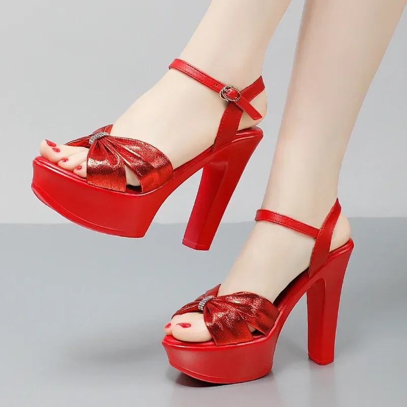 8 10 13cm Small Size 32-43 Sweet Bowtie Leather Shoes Platform Sandals Summer 2025 Block High Heels Sandals Office MOdel Party