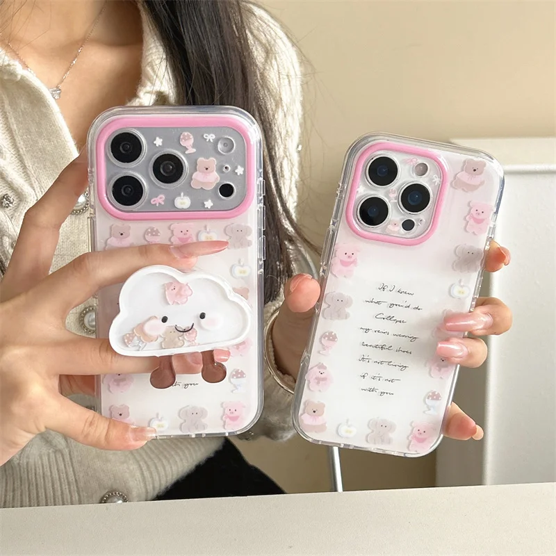 

Cute Kawaii Pink Frame Transparent Cartoon Animal Phone Case For iPhone 17 16 15 14 Pro Max Pastel Bear Print Protective Cover f
