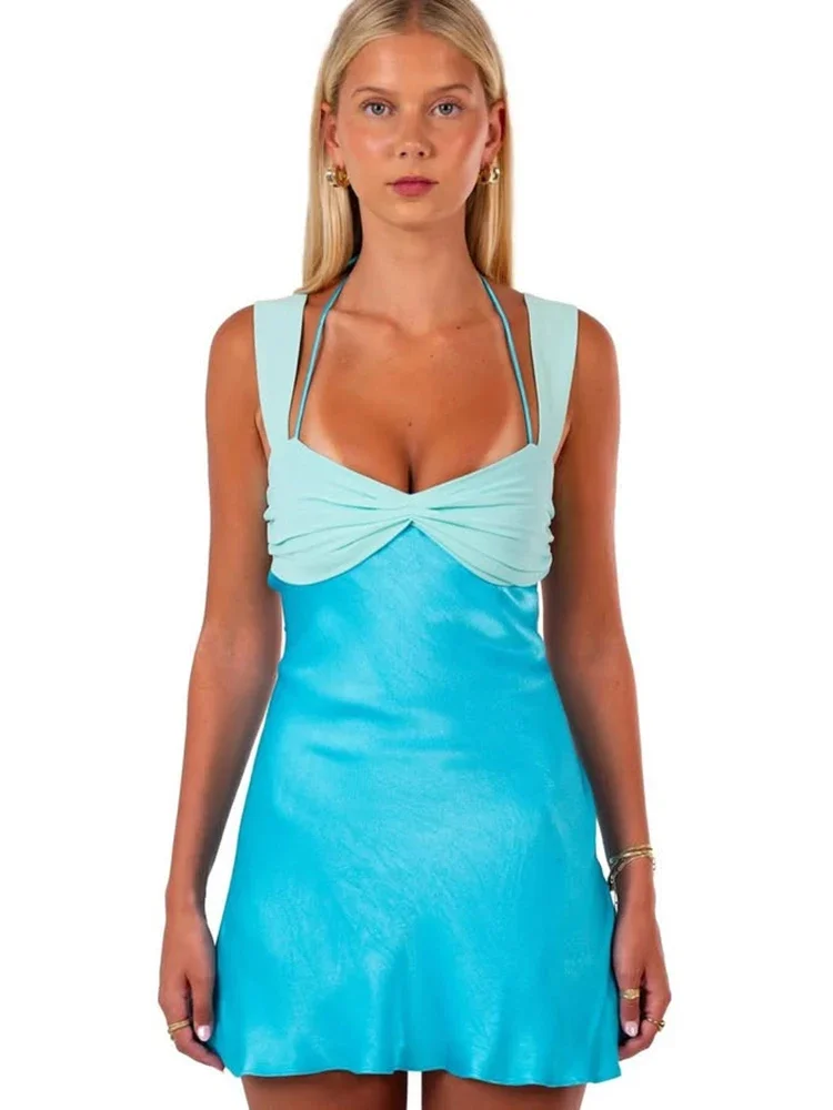 Patchworkแขนกุดชุดมินิเซ็กซี่สําหรับผู้หญิงRobeซาตินStrapless Backless Lace-UpเอวสูงA-Lineชุดคลับ