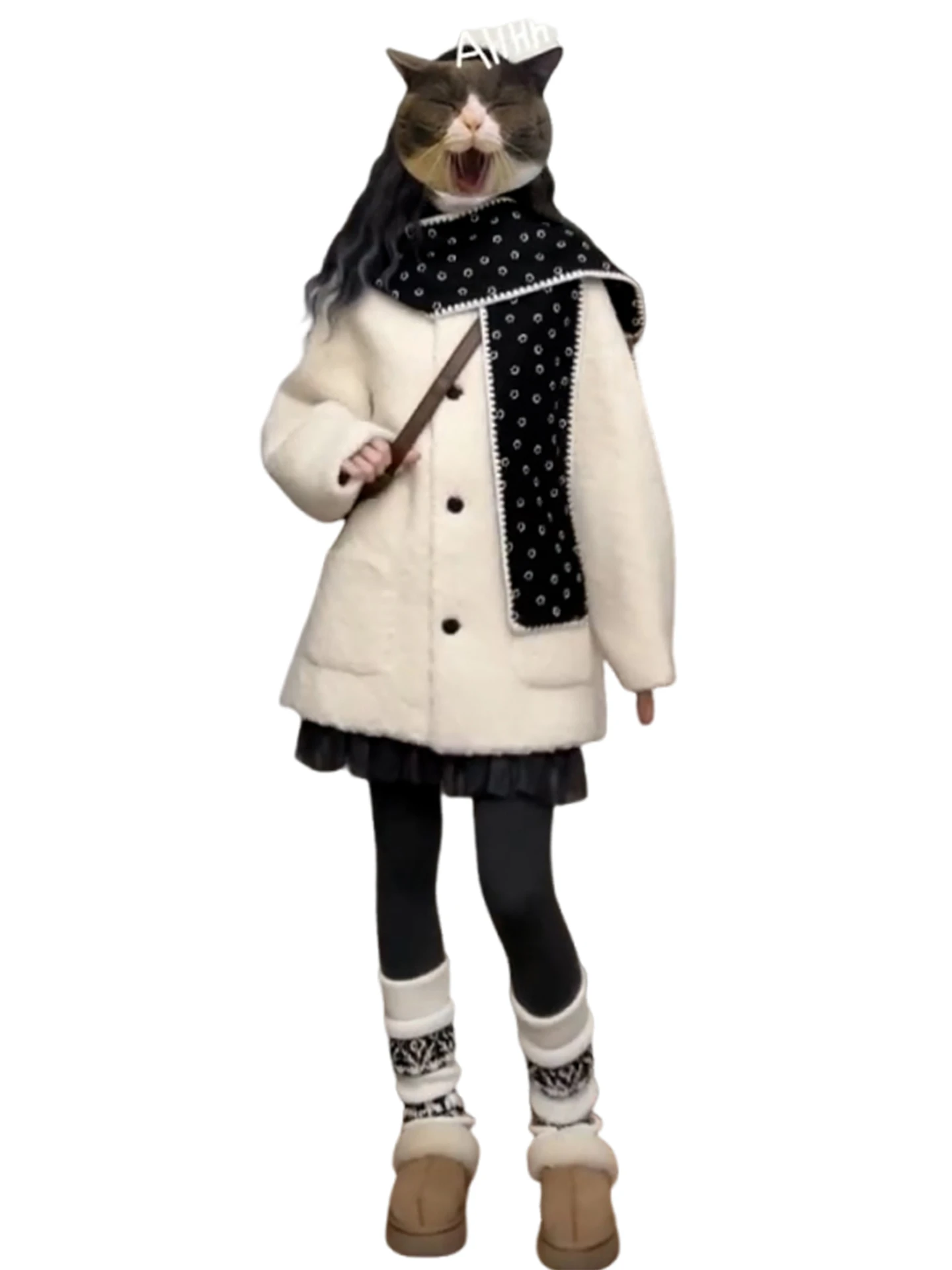 Damski płaszcz z białego futra jagnięcego Thiened, puszysty płaszcz z włókna poliestrowego, słodki okrągły dekolt, długi rękaw, codzienna odzież wierzchnia.