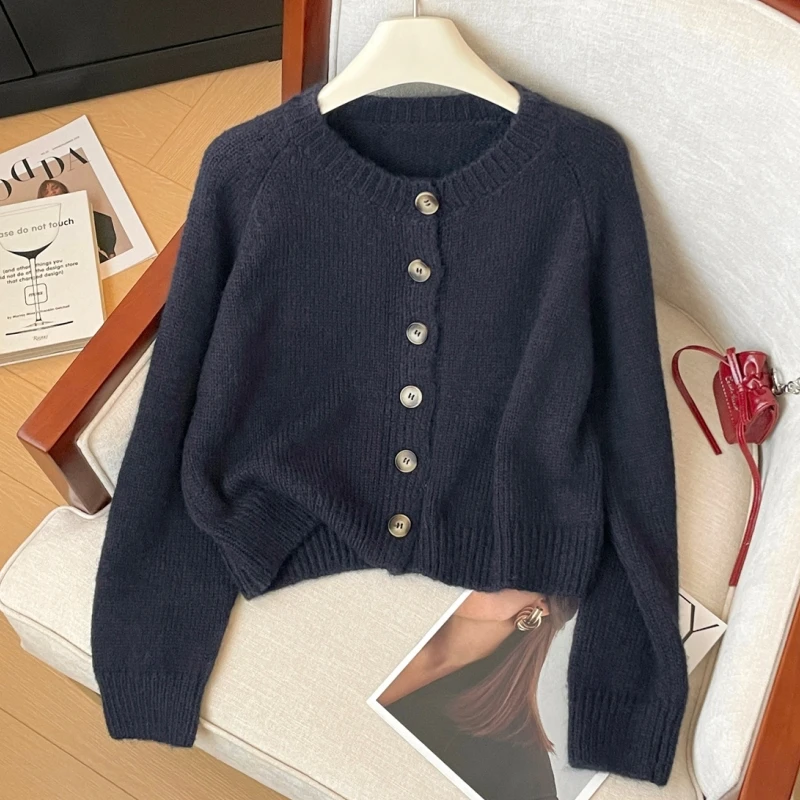 Navy Blue Round Neck Sweater Winter Women's Clothing Stylish Cashmere Cozy Chunky Knit Sweater Cold WeatherJacket Female Tops