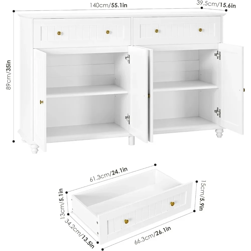 Buffet Cabinet with Storage, 55.1” Large Sideboard Buffet Cabinet, White Kitchen Cabinet Display Cabinet with 2 Drawers and 4