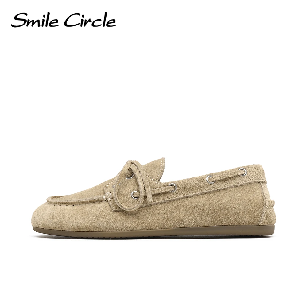 Smile Circle Boat Shoes Women Genuine Leather Loafers Moccasins Lace-up Flat Shoes