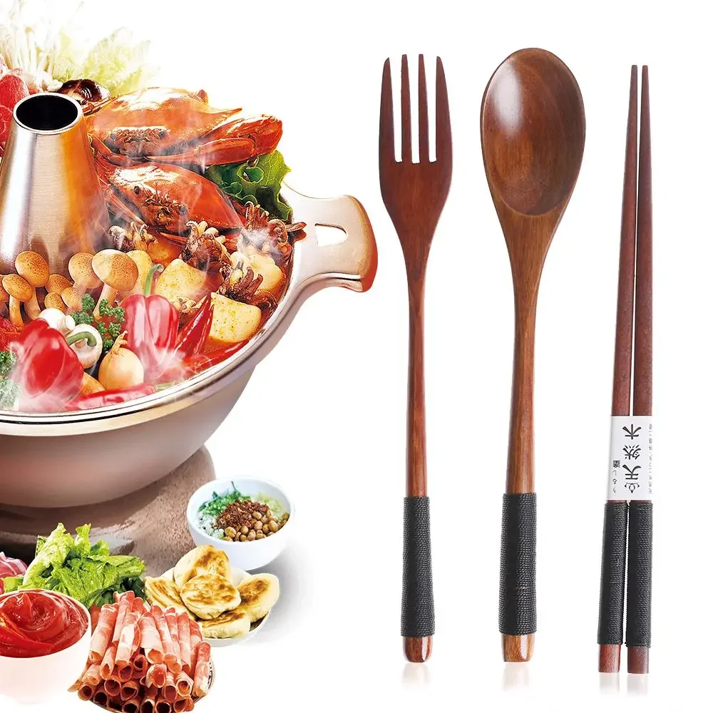 Japanese Style Handmade Portable Natural Wooden Spoon Fork Chopsticks Cloth Bag Cutlery Sets Travel Dinnerware with Cloth Pack