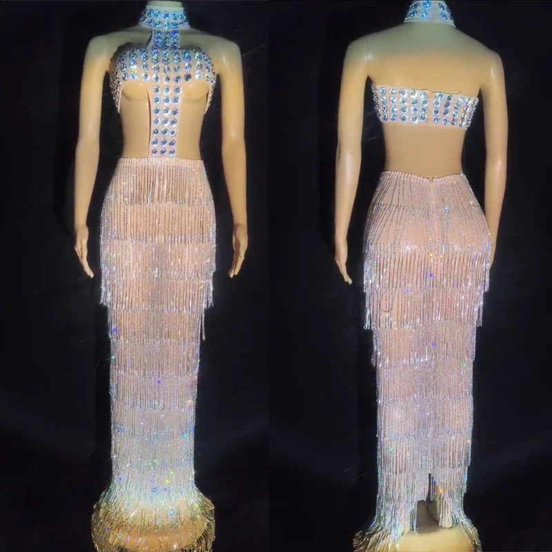 Strass piscando franjas vestido sexy recorte vestidos de noite feminino aniversário celebrar traje palco festival outfit xs7022