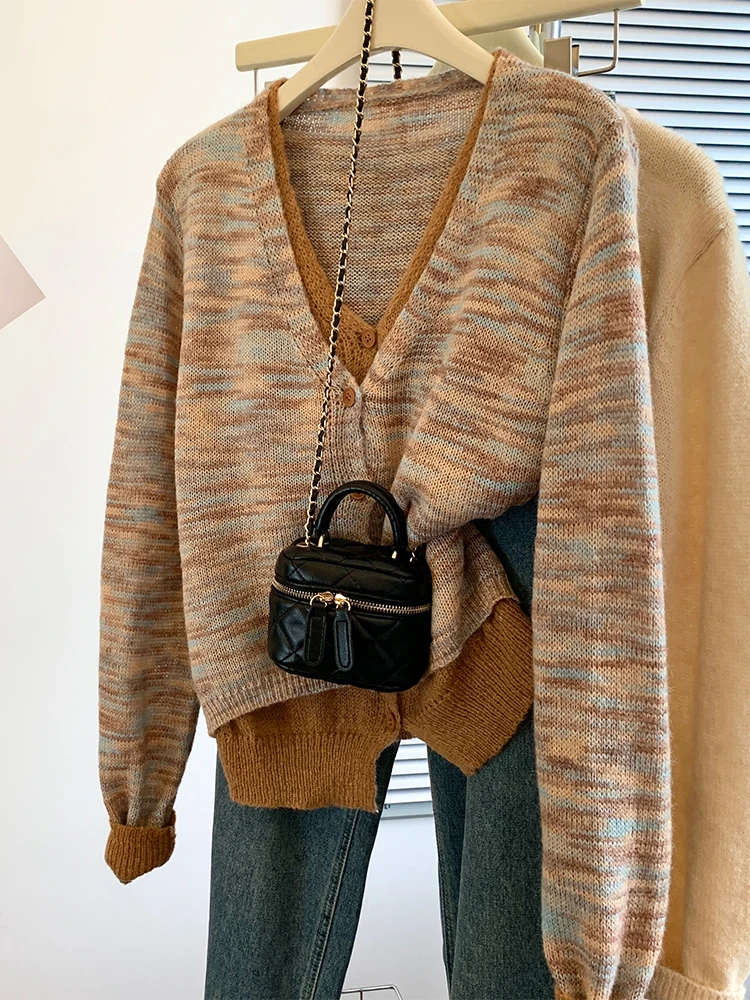 Women Coffee Cardigan Cashmere Sweater Harajuku Korean Y2k Long Sleeves V-Neck Cozy Sweaters Jumper Vintage 2000s Clothes Autumn