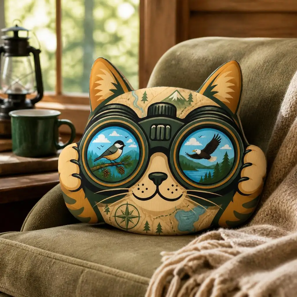 Birdwatching Cat Pillow Binoculars Cushion Wildlife Travel Plush Shaped Throw Pillow Outdoor Adventure Room Decor Nature Gift