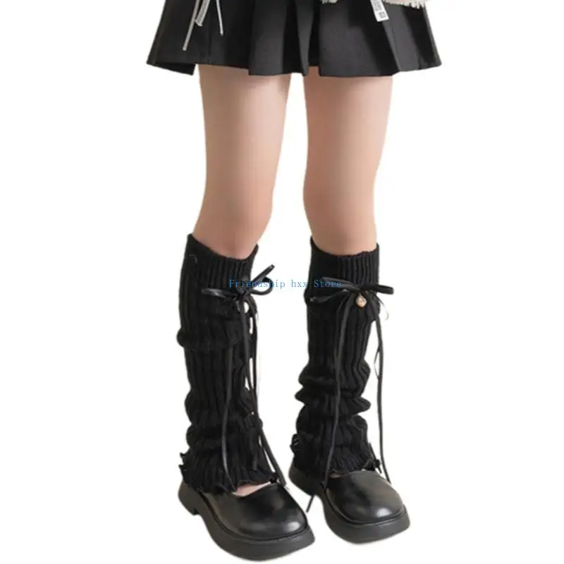 

F1CB Lovely Socks Sweet Knitted Foot Cover Warm Stackable Socks with Long Ribbons Bells Decor for 3 to 12 Year Girls