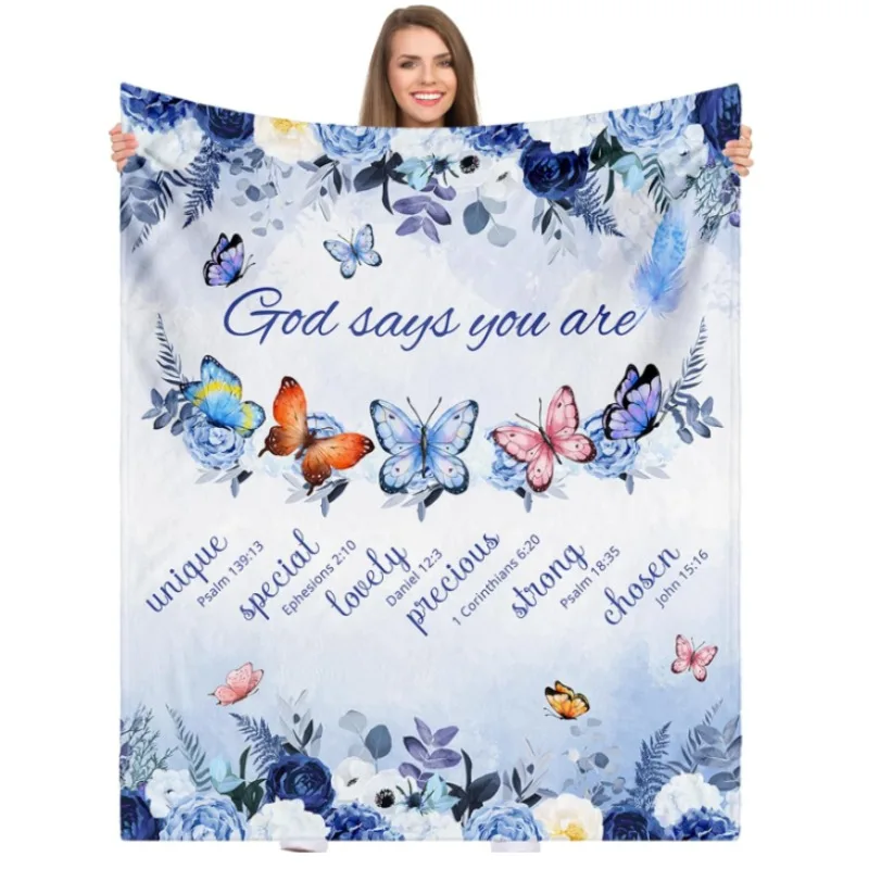 

Christian blanket, blue rose butterfly blanket, prayer healing blanket with Bible verses and inspirational words