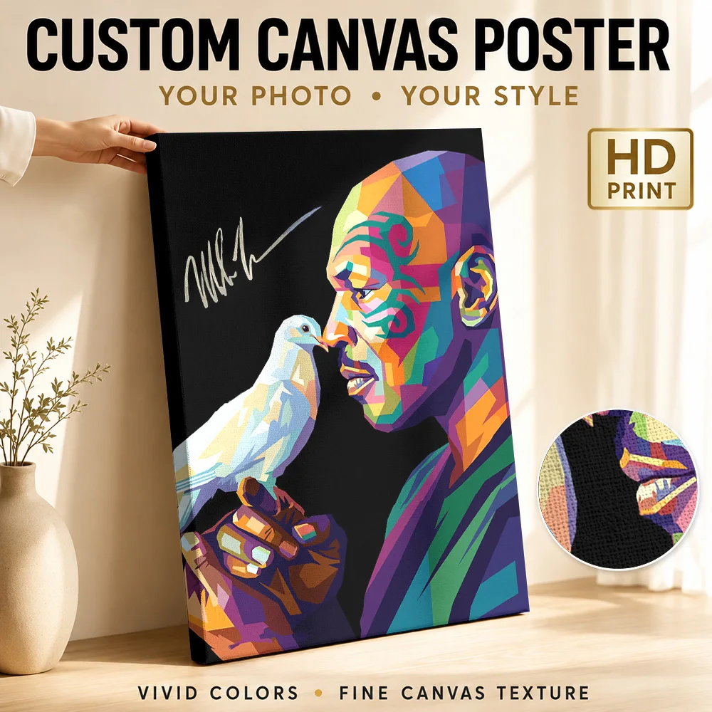 Mike Tyson with Dove Pop Art Canvas Print Poster Personalized Photo Sports Portrait Wall Art for Game Room Decor Ready to Hang