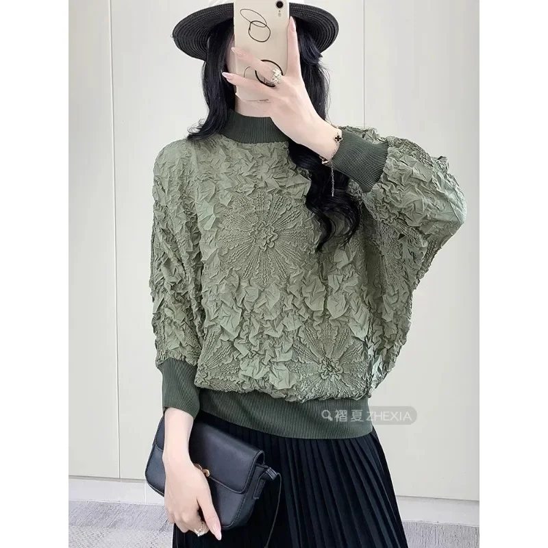 GGHK Pleated Top Women 2024 Autumn New Solid Color Round Neck Bat Sleeve Loose Large Size Design Female Casual T-Shirt