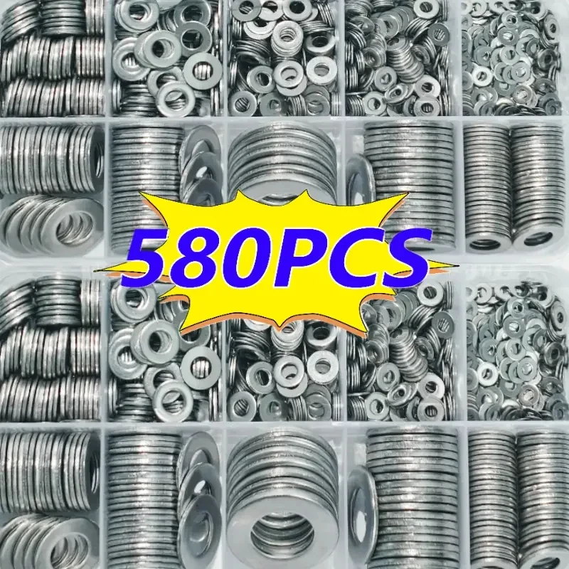 580pcs Flat Washer Set Screw Fastener Accessories M2-M12 Home & Industrial Use Washer Kit for Hardware Repair And Maintenance