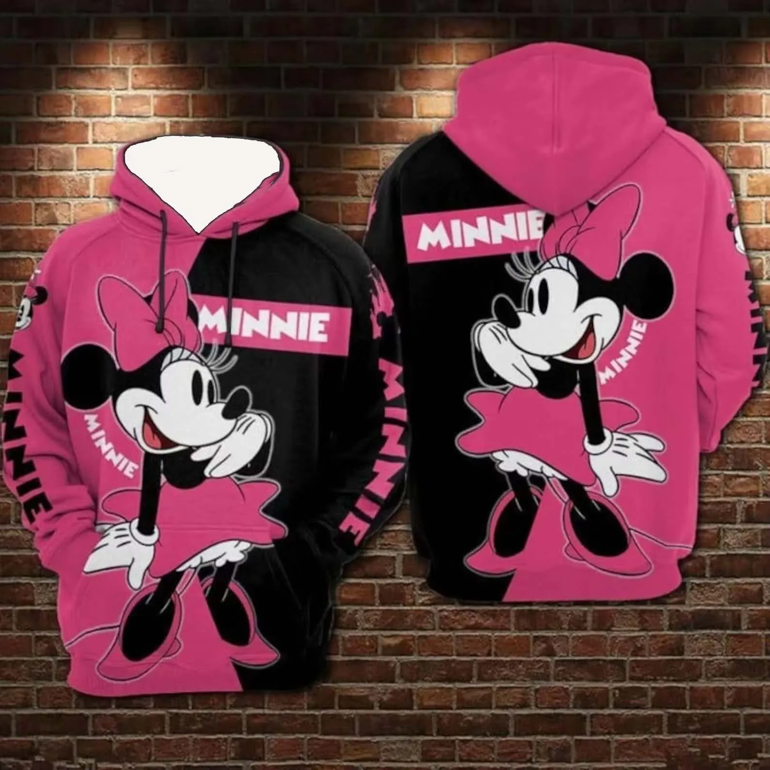 (MINISO)Disney Minnie Mouse 3D Print Hoodie Mens Womens Casual Sports Pullover Hoodie Cartoon Zipper Hoodie Fashion Streetwear