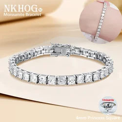 NKHOG Real 4mm Princess Cut Square Moissanite Tennis Bracelet For Women Men S925 Silver Party Wedding Bangles Fine Jewelry Gifts