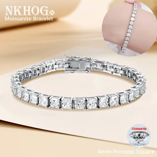 NKHOG 남녀공용 스퀘어 모이사나이트 테니스 팔찌, 진짜 4mm 공주 컷, S925 실버 파티 웨딩 뱅글, GRA 파인 주얼리 선물