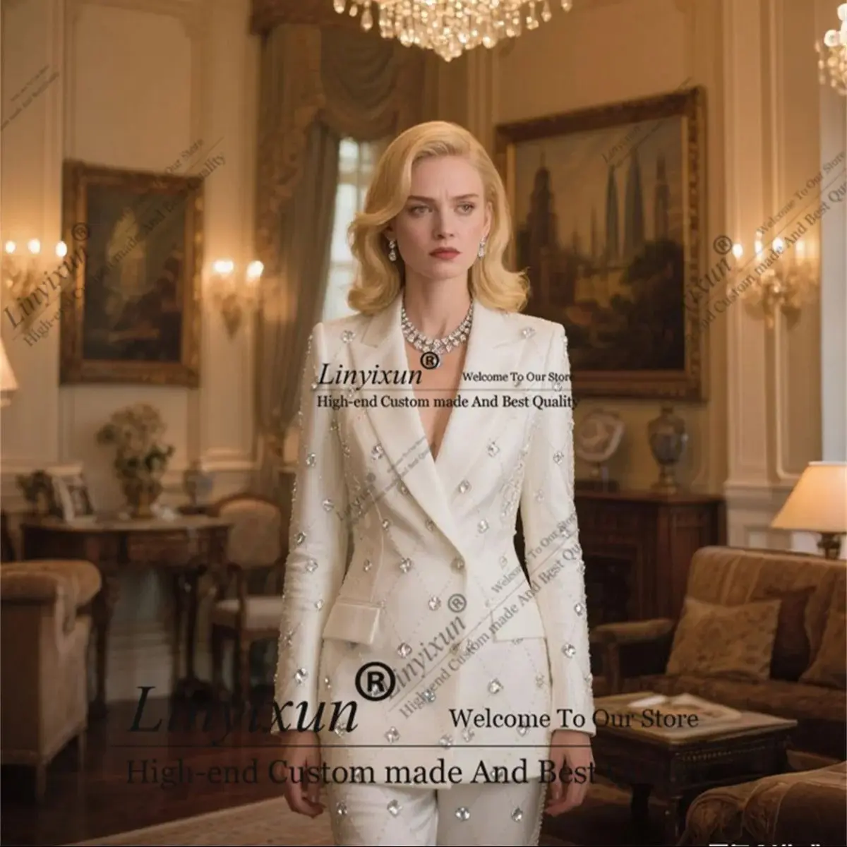 Glitter Diamond Ornament Ladies Pant Suits Women Prom Blazer 2 Pieces Formal Office Uniform Style Female Trouser Customized
