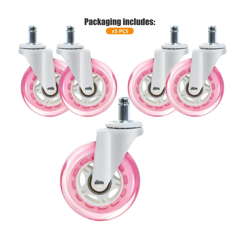 5 Pcs 3 Inch Pink Transparent PU Swivel Casters, Silent Heavy Duty Office & Gaming Chair Wheels, Smooth Replacement Wheels