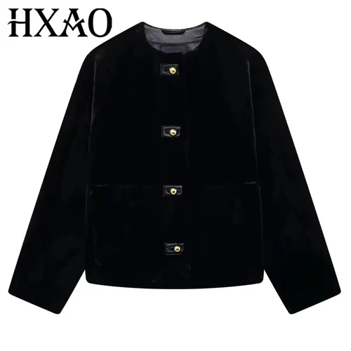 Imagen 2 del producto HXAO-abrigo corto de piel sintética para mujer, chaqueta negra de felpa de manga larga para otoño, abrigos informales cálidos y peludos para invierno, Parkas