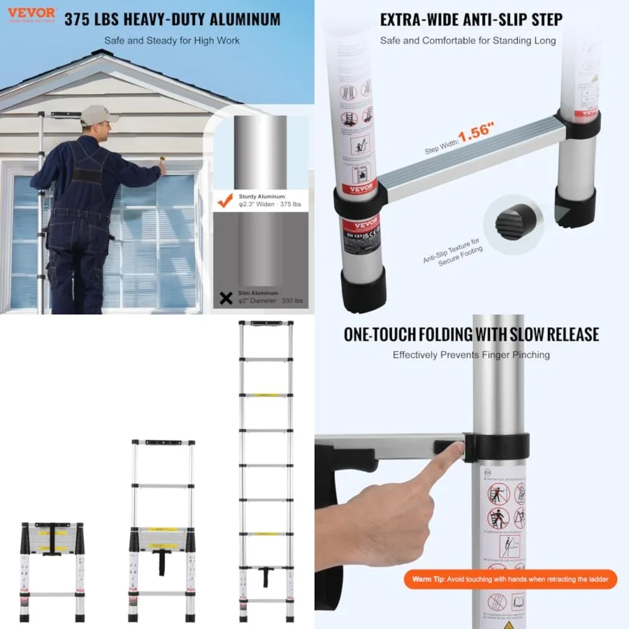

Telescoping Ladder, 8.5FT Aluminum Lightweight Extension Ladder, One-Button Retraction Collapsible Ladder, 375 LBS Capacity wit