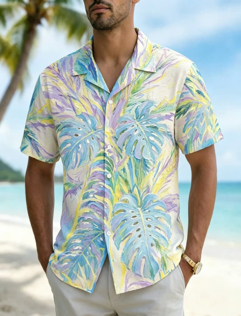 Men's oil painting art vacation style printed Hawaiian shirt, for summer beach travel, daily dressing, and weekend short trips