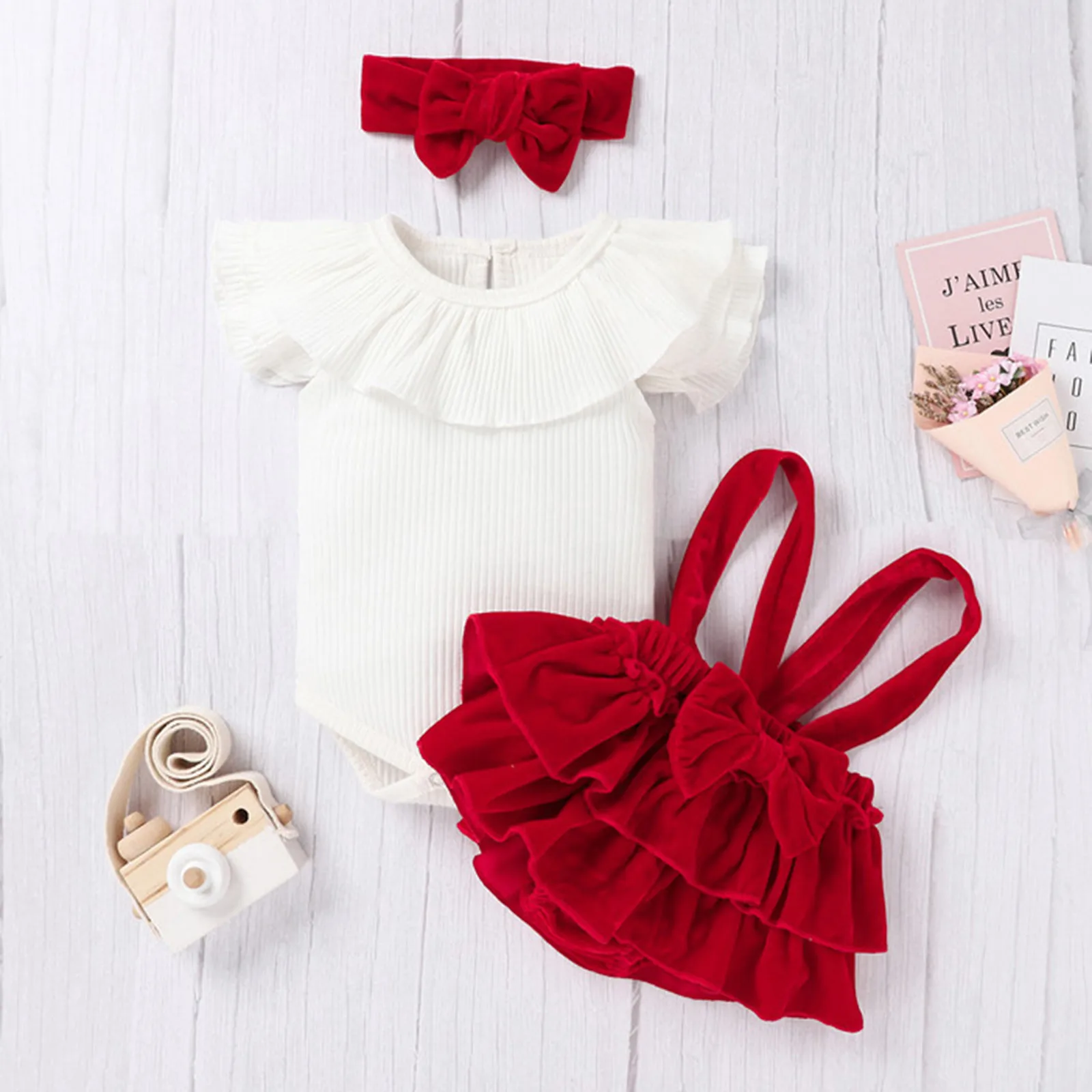 Newborn Baby Girls Lovely Clothes Sets 3 pcs Flying Sleeve Ruffled Romper Velvet Suspender Shorts Headband Sets 0-12 Months