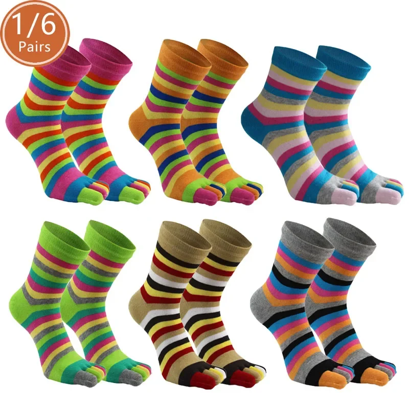 1/6 Paar Damen Mädchen Fünf-Finger-Socken Kurze Baumwollsocken Bunte Regenbogen Lässige Mode Atmungsaktiv Wärmend Harajuku Happy Toe Socken