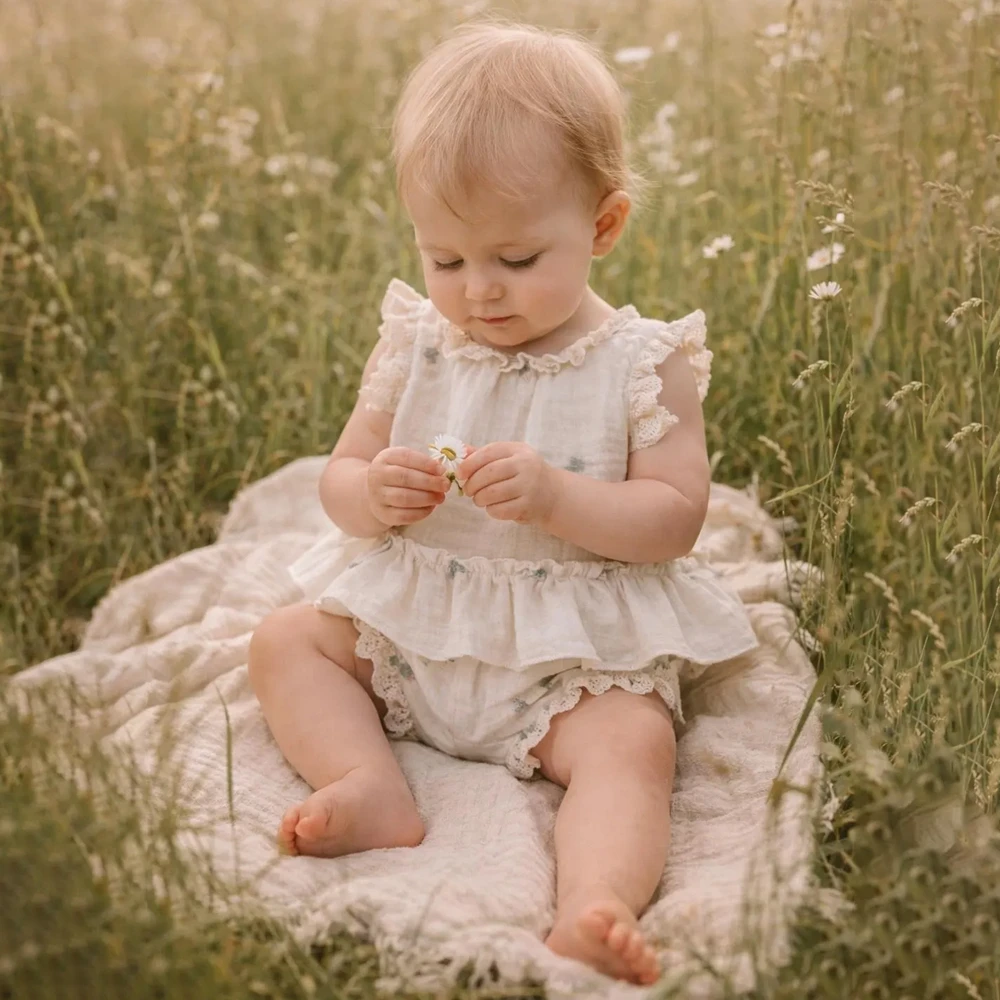 Baby Girl Photoshoot Romper Set Cream White Floral Embroidered Ruffle Romper Shorts Outdoor Field Maternity Sibling Photo Outfit