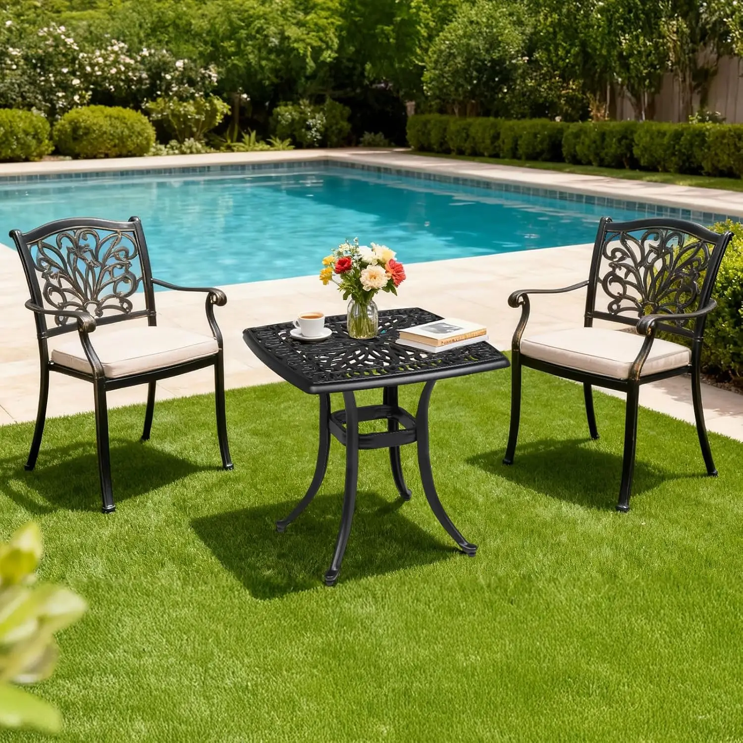 21” Outdoor Side Table, Cast Aluminum All-Weather Patio Side Table Small Outdoor Table Bistro Table for Outside, Porch, Balcony, Patio (Black)
