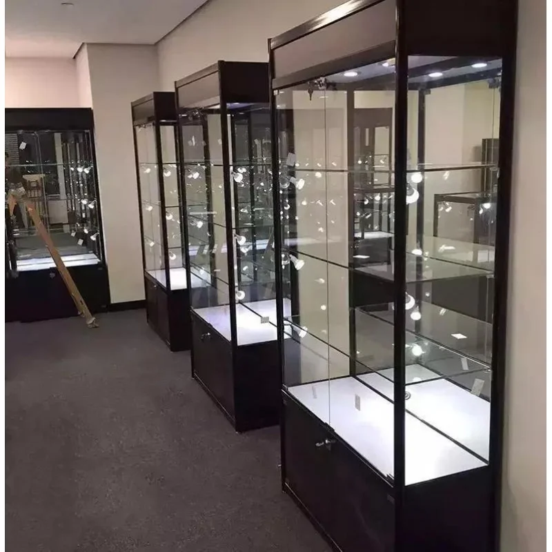 (customized)Design Lockable Glass Display Showcase Commercial Aluminum Frame Wall Display Cabinet Jewelry Smoke Sho